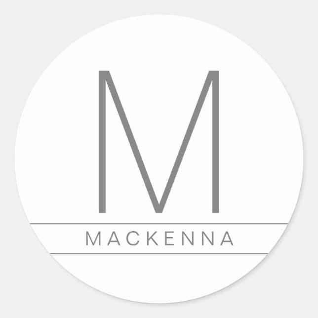 Modern Simple Monogram Name Grey White Classic Round Sticker (Front)