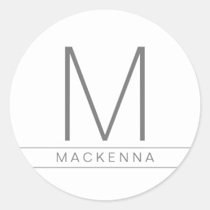 Modern Simple Monogram Name Grey White Classic Round Sticker
