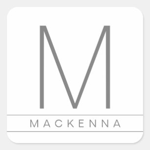 Modern Simple Monogram Name Grey White Stripe Square Sticker