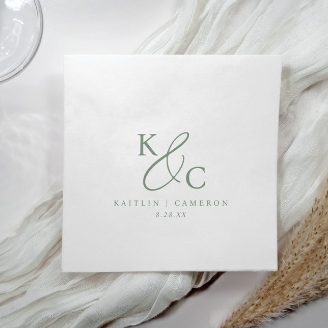 Modern Simple Monogram Sage Green Wedding Napkin (Elegant sage green wedding logo / monogram napkins in a simple modern design.)