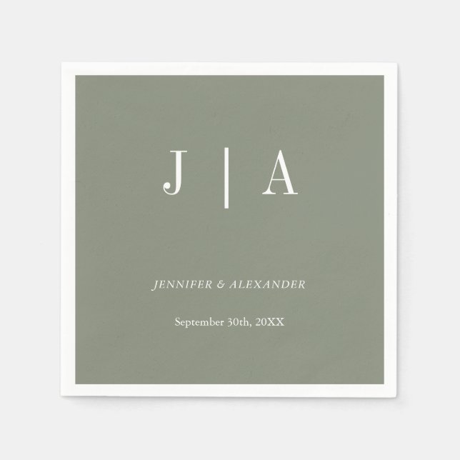 Modern Simple Monogram Sage Green White Wedding Napkin (Front)