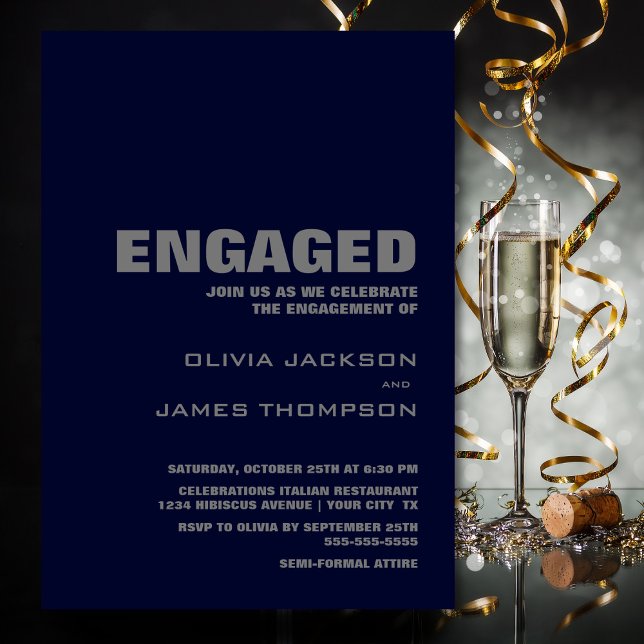 Modern Simple Navy Blue and Grey Engagement Party Invitation (Creator Uploaded)
