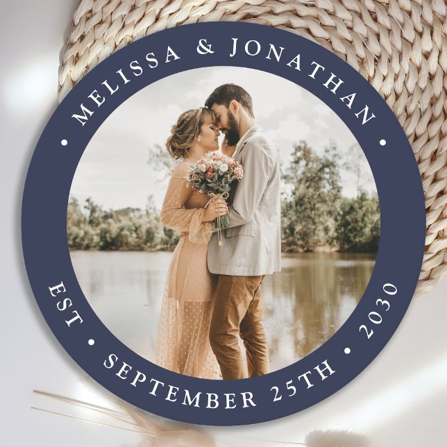 Modern Simple Navy Blue Custom Photo Wedding Round Paper Coaster (Creator Uploaded)