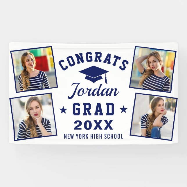 Modern Simple Navy Blue Graduation Party  4 PHOTO Banner (Horizontal)