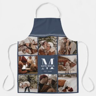 Modern Simple Navy Blue Photo Collage Monogram Apron