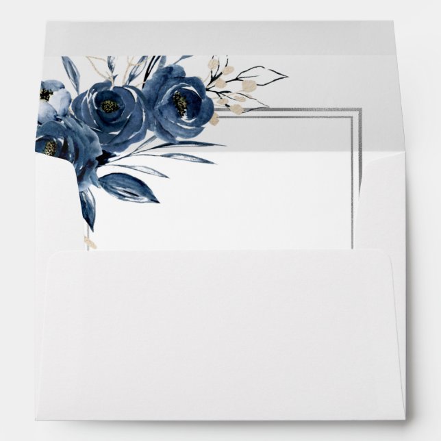 Modern Simple Navy Blue & Silver Floral Wedding Envelope (Back (Bottom))