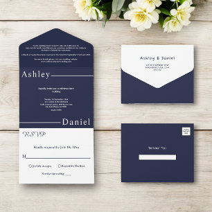 Modern Simple Navy Blue White Delicate Wedding All In One Invitation