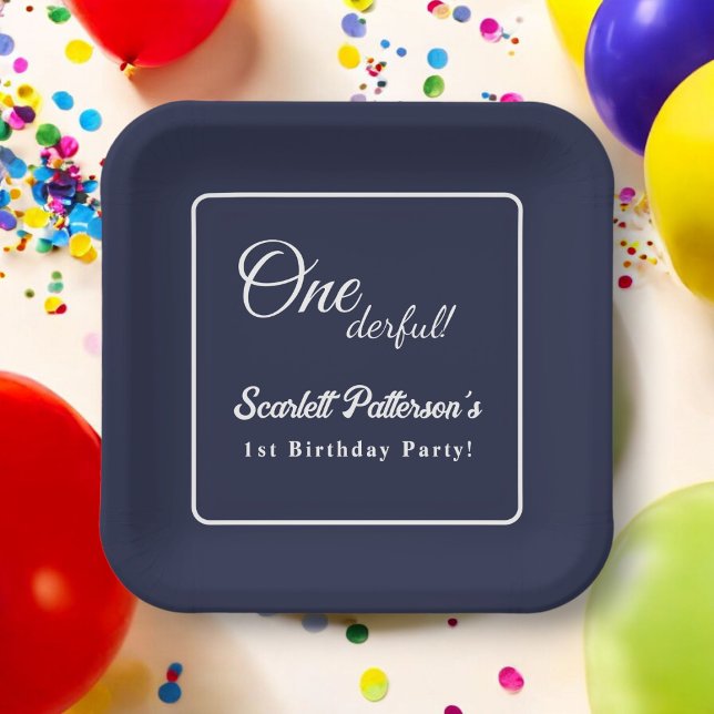 Modern Simple Navy Blue White Elegant 1st Birthday Paper Plate (Creator Uploaded)