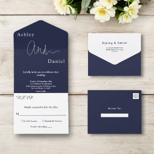 Modern Simple Navy Blue White Elegant Chic Wedding All In One Invitation