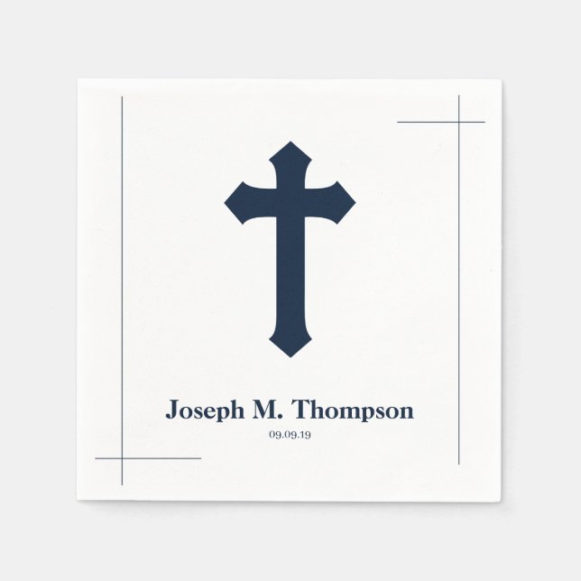 Modern Simple Navy Cross First Holy Communion Napkin (Front)