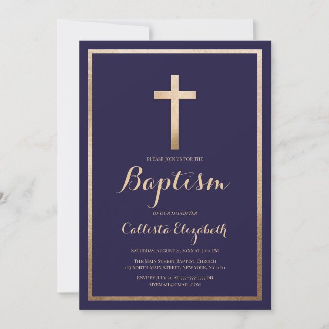 Modern Simple Navy Gold Cross Border Baptism Invitation (Front)