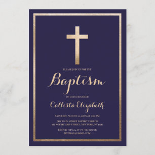 Modern Simple Navy Gold Cross Border Baptism Invitation