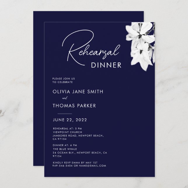 Modern Simple Navy Magnolia Rehearsal Dinner Invitation (Front/Back)