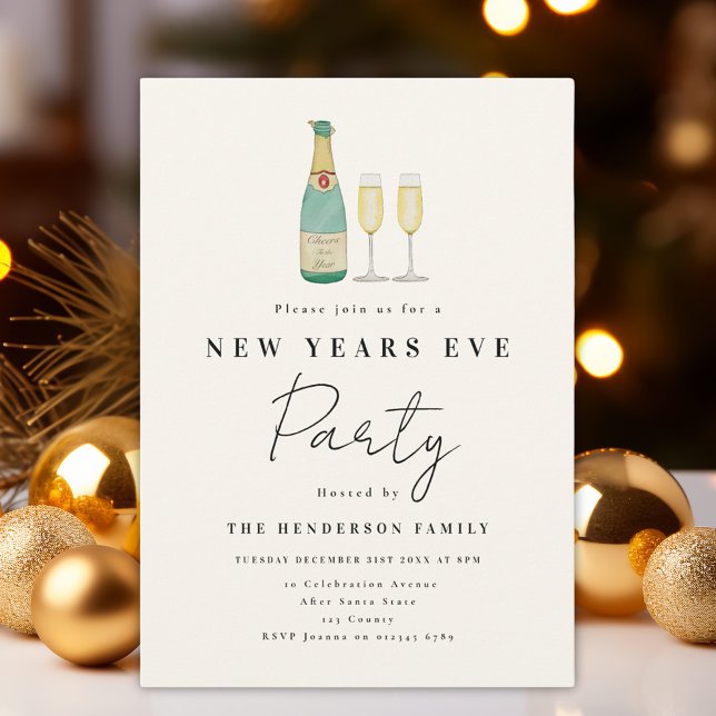 Modern Simple New Year’s Eve Party Invitation (Minimalist watercolor New Year’s Eve party invitation )