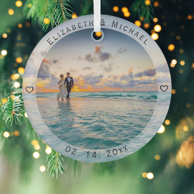 Modern Simple Newlyweds Photo Wedding Anniversary Glass Tree Decoration (Creator Uploaded)