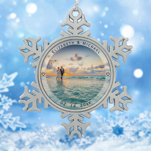 Modern Simple Newlyweds Photo Wedding Anniversary Snowflake Pewter Christmas Ornament