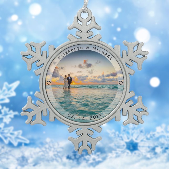 Modern Simple Newlyweds Photo Wedding Anniversary Snowflake Pewter Christmas Ornament (Creator Uploaded)