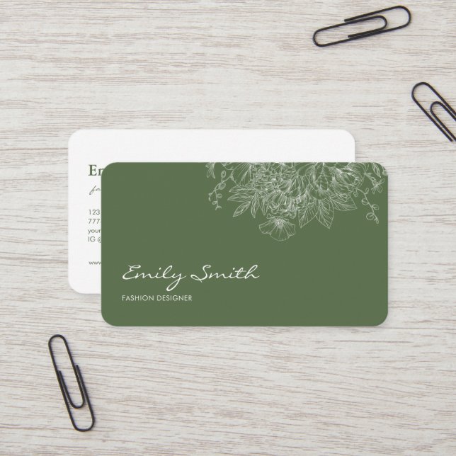 Modern Simple Olive Green Flower Line Art QRCode  Business Card (Front/Back In Situ)
