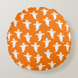 Modern Simple Orange and White Ghosts Halloween Round Cushion
