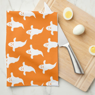 Modern Simple Orange and White Ghosts Halloween Tea Towel
