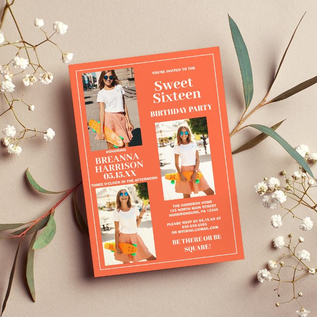 Modern Simple Orange White Photo Sweet Sixteen Invitation (Modern Simple Orange White Photo Sweet Sixteen )