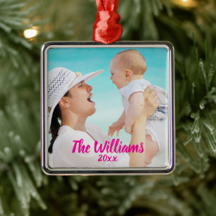 Modern Simple Overlay Gifts Personalized Photo Metal Ornament