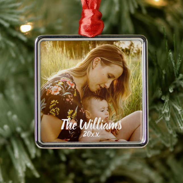 Modern Simple Overlay Gifts Personalized Photo Metal Ornament (Tree)