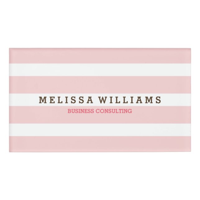 Modern Simple Pail Pink & White Stripes Name Tag (Front)