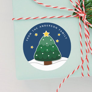 Modern Simple Papercut Stars Snowy Christmas Tree Classic Round Sticker