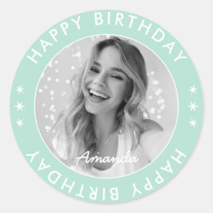 Modern Simple Pastel Aqua Happy Birthday Photo Classic Round Sticker