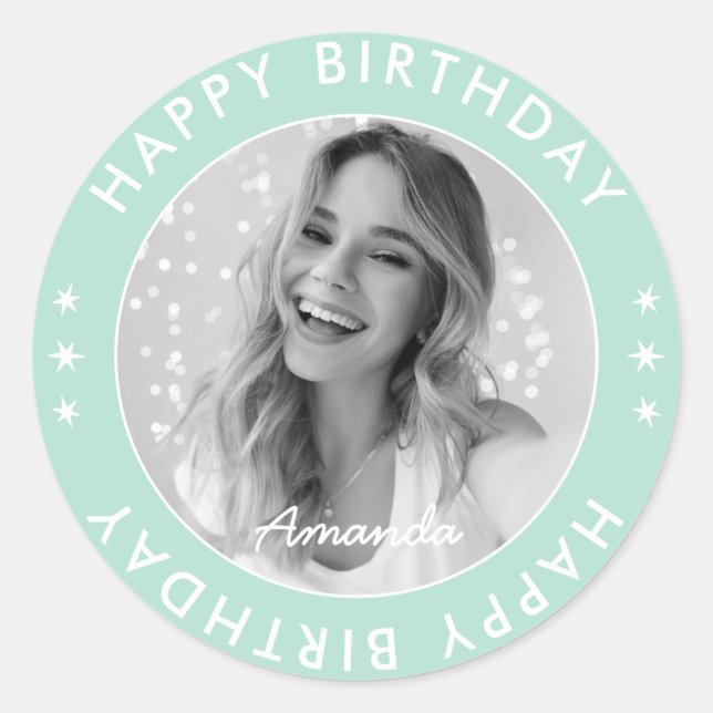 Modern Simple Pastel Aqua Happy Birthday Photo Classic Round Sticker (Front)