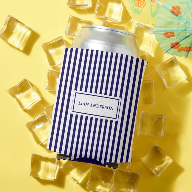 Modern Simple Personalised Navy Vertical Striped Can Cooler (In Situ Summer)