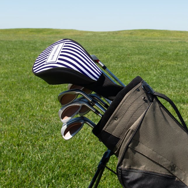 Modern Simple Personalised Navy Vertical Striped Golf Head Cover (In Situ)