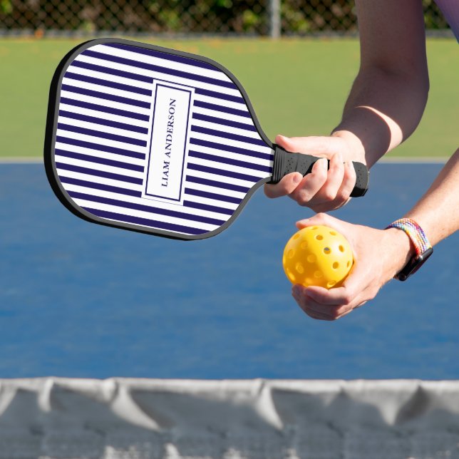 Modern Simple Personalised Navy Vertical Striped Pickleball Paddle (Insitu)