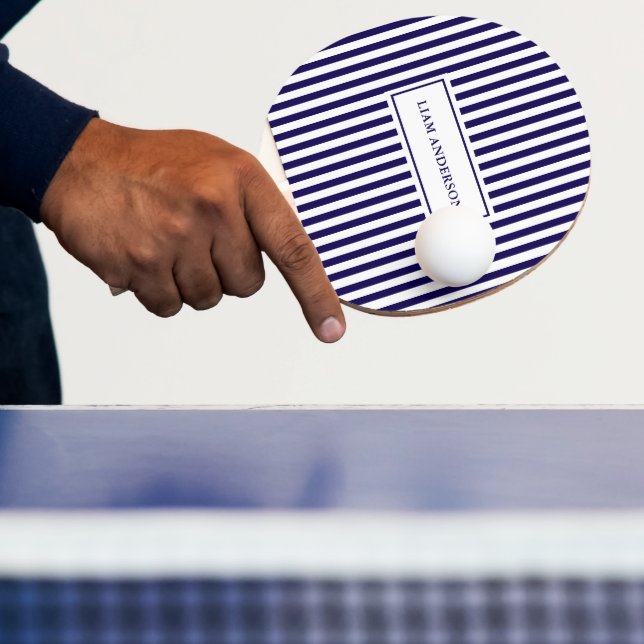 Modern Simple Personalised Navy Vertical Striped Ping Pong Paddle (Insitu)