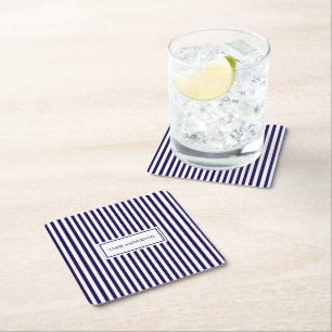 Modern Simple Personalised Navy Vertical Striped Square Paper Coaster