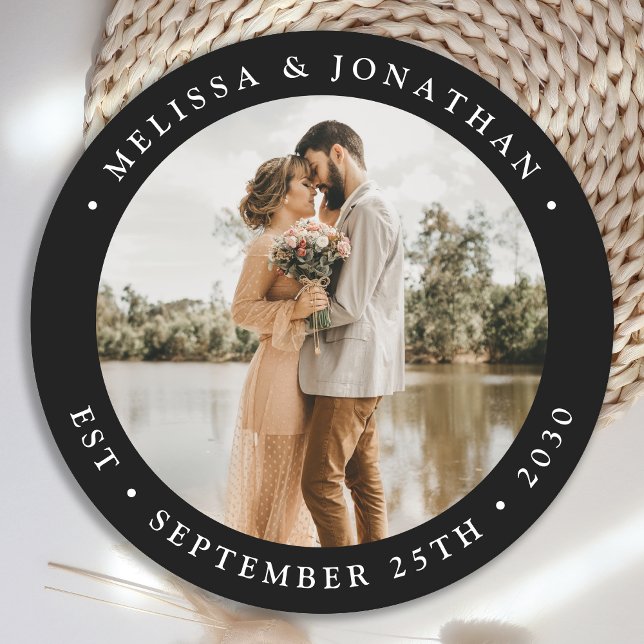 Modern Simple Personalised Photo Black Wedding Round Paper Coaster (Creator Uploaded)