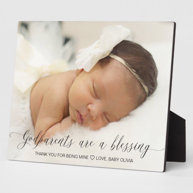 Modern Simple Photo Baptism Gift for Godparents Plaque (Side)