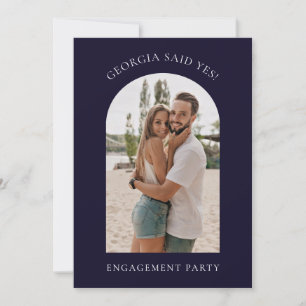 Modern simple photo dark blue engagement party holiday card