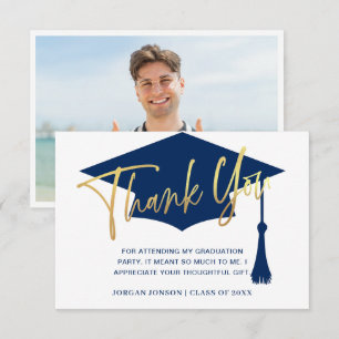 Modern Simple PHOTO Golden Navy Graduation Thank You Card