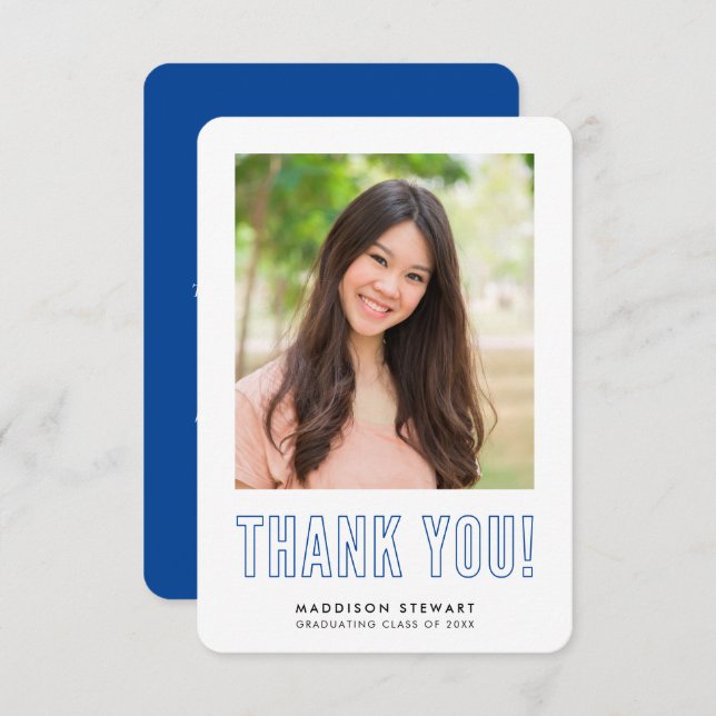 modern simple photo GRAD THANK YOU royal blue (Front/Back)