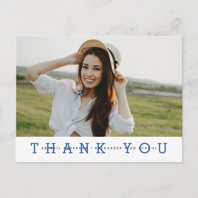 Modern Simple Photo Graduation Thank You Blue Postcard (Front)