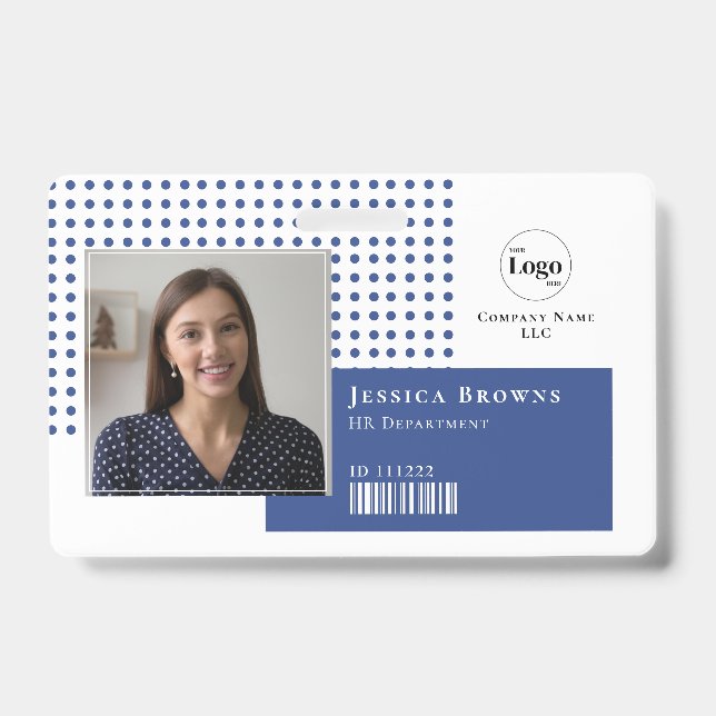 Modern Simple Photo Logo QR Barcode Deep Blue ID Badge (Front)