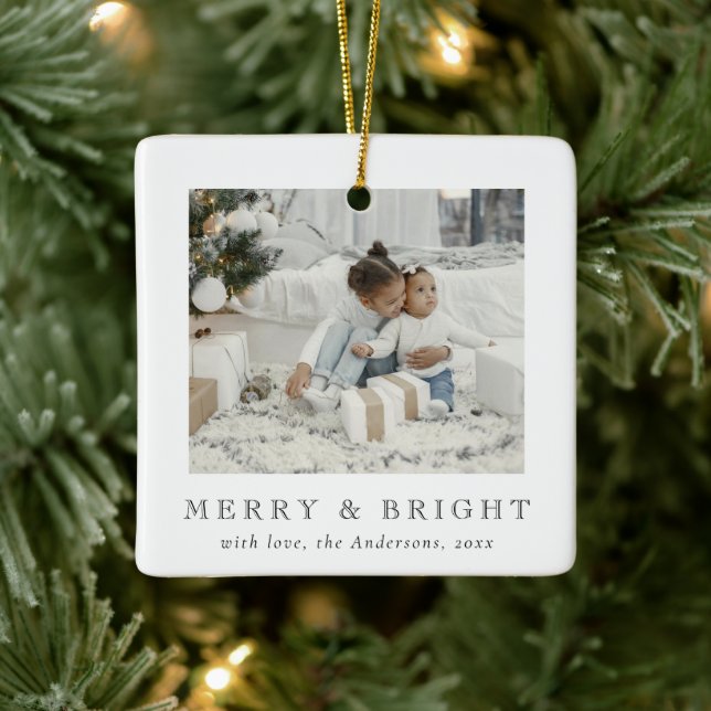 Modern Simple Photo Merry and Bright Christmas Ceramic Ornament (Tree)