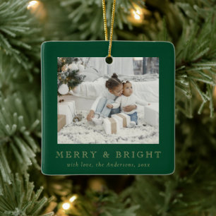 Modern Simple Photo Merry and Bright Christmas Ceramic Ornament