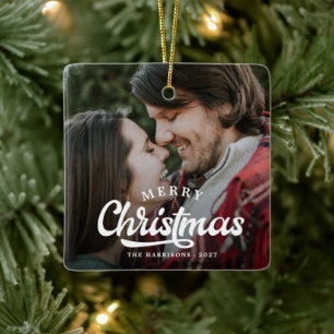 Modern Simple Photo Merry Christmas Tartan Ceramic Ornament