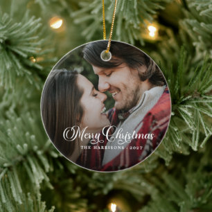 Modern Simple Photo Merry Christmas Tartan Ceramic Ornament