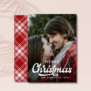 Modern Simple Photo Merry Christmas Tartan Holiday Card