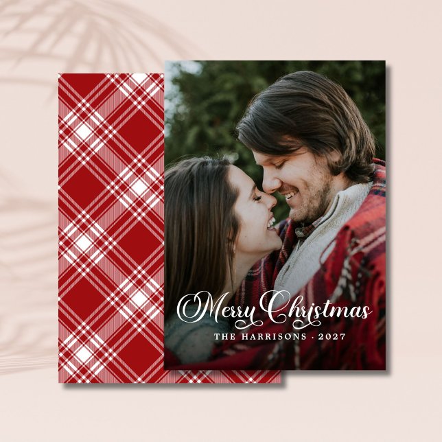 Modern Simple Photo Merry Christmas Tartan Holiday Card (Creator Uploaded)