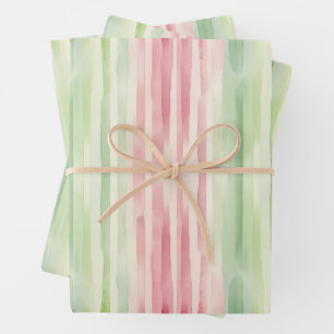 Modern Simple Pink and Green Watercolor Stripes Wrapping Paper Sheet